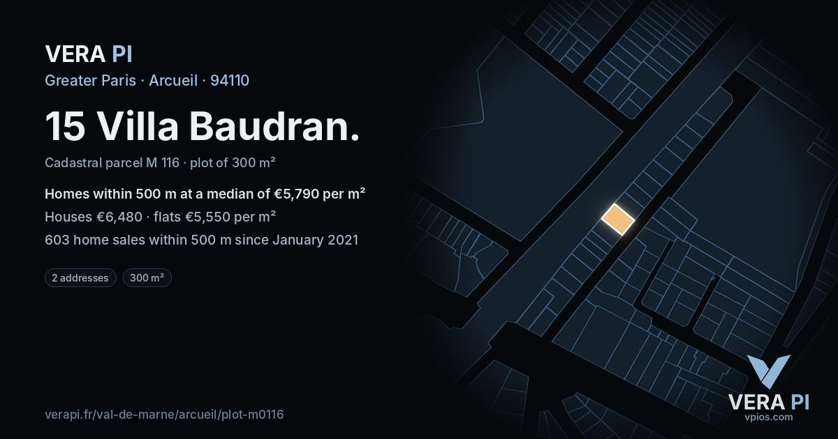 15 Villa Baudran, Arcueil at night – the plot lit, the parcels around coloured by the prices near them