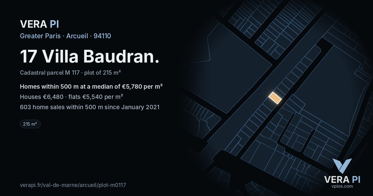 17 Villa Baudran, Arcueil at night – the plot lit, the parcels around coloured by the prices near them
