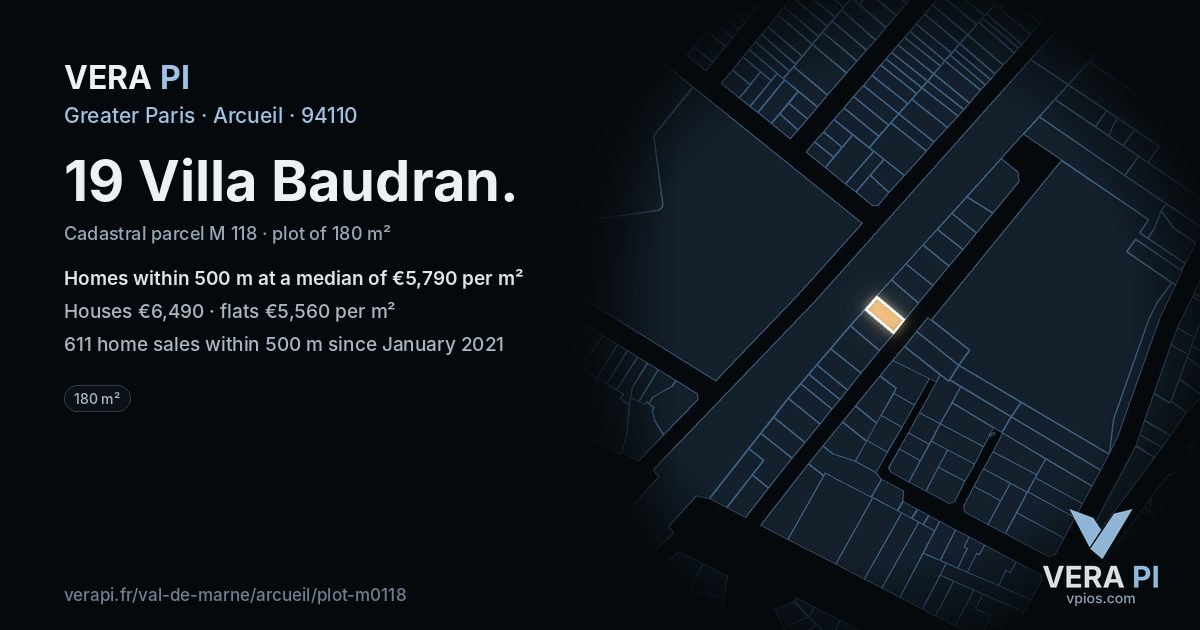 19 Villa Baudran, Arcueil at night – the plot lit, the parcels around coloured by the prices near them