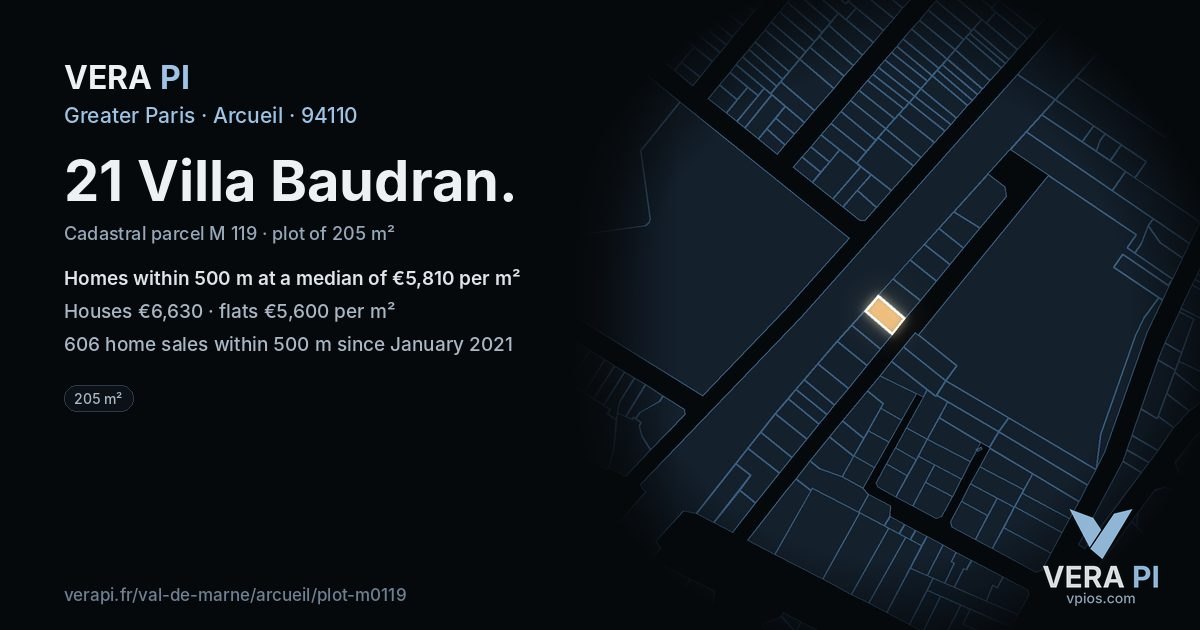 21 Villa Baudran, Arcueil at night – the plot lit, the parcels around coloured by the prices near them