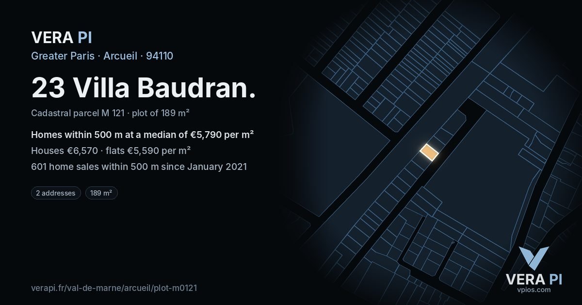 23 Villa Baudran, Arcueil at night – the plot lit, the parcels around coloured by the prices near them