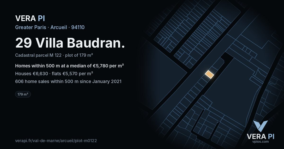 29 Villa Baudran, Arcueil at night – the plot lit, the parcels around coloured by the prices near them