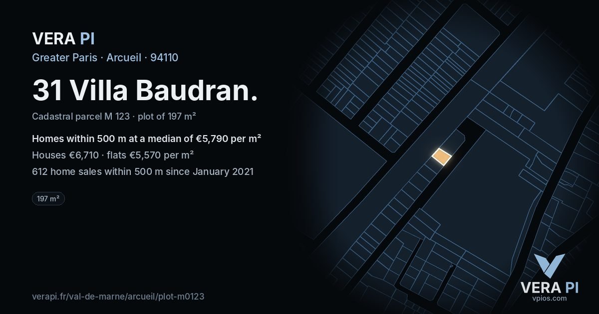 31 Villa Baudran, Arcueil at night – the plot lit, the parcels around coloured by the prices near them