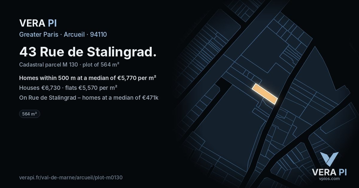 43 Rue de Stalingrad, Arcueil at night – the plot lit, the parcels around coloured by the prices near them