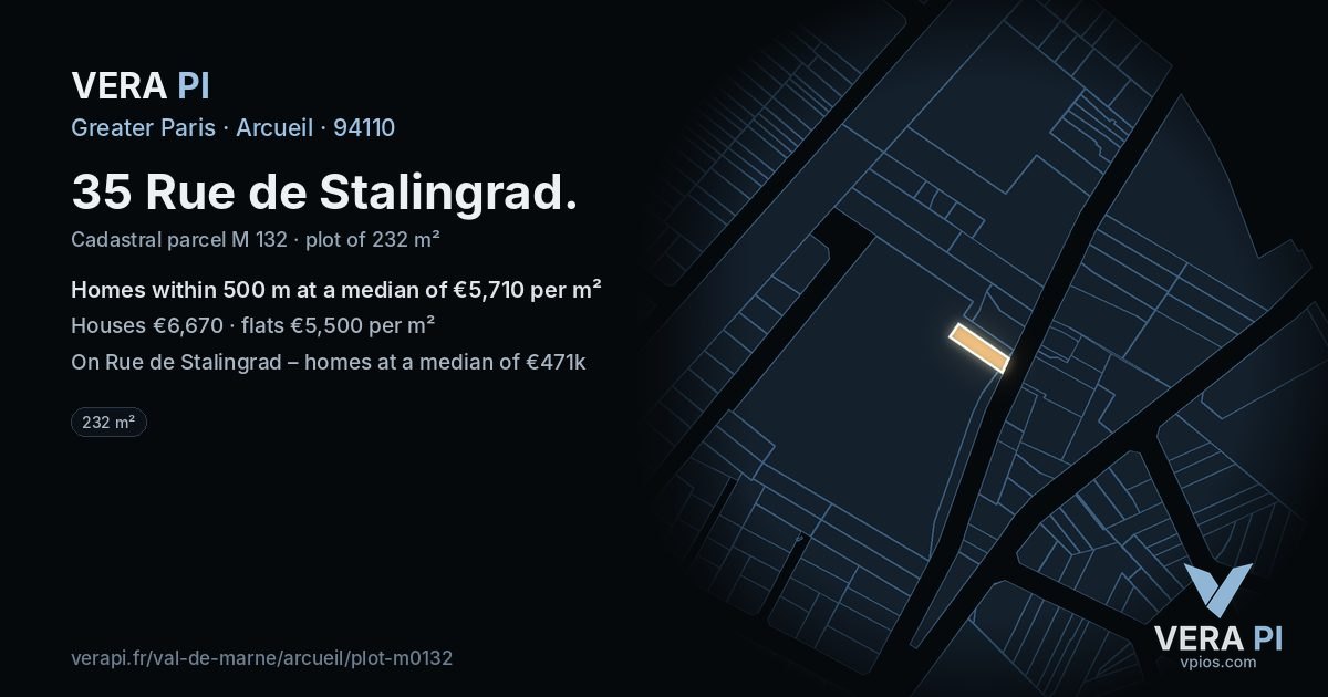 35 Rue de Stalingrad, Arcueil at night – the plot lit, the parcels around coloured by the prices near them