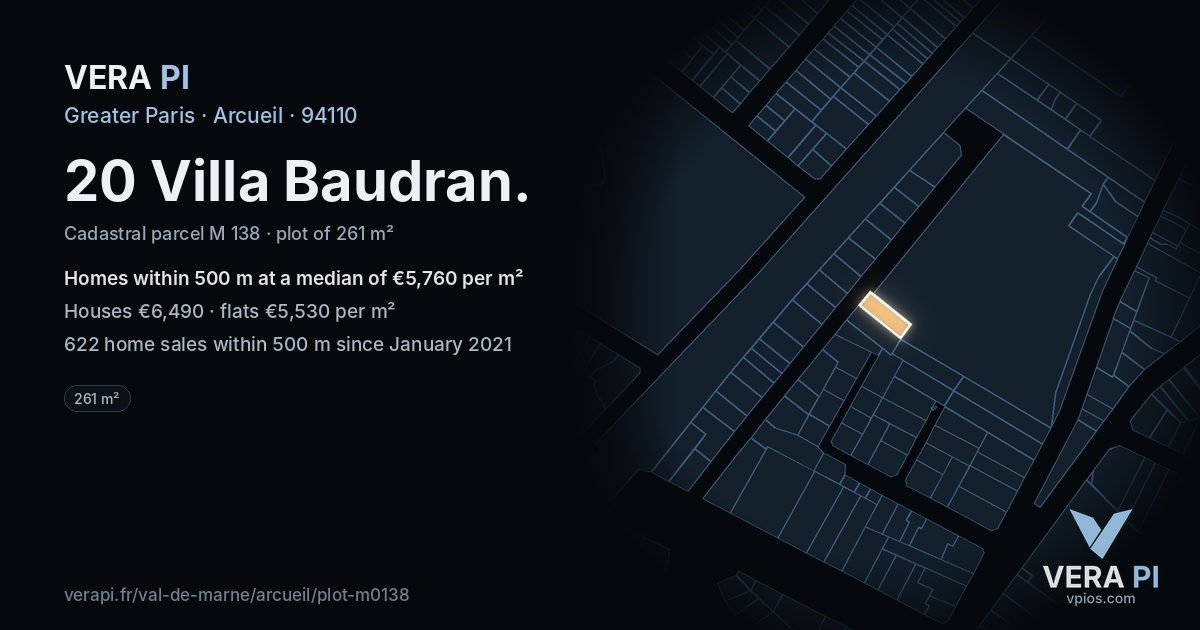 20 Villa Baudran, Arcueil at night – the plot lit, the parcels around coloured by the prices near them