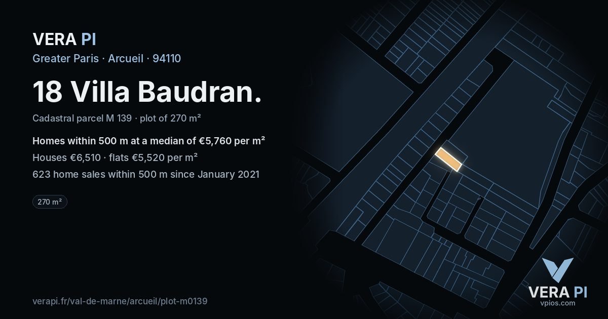 18 Villa Baudran, Arcueil at night – the plot lit, the parcels around coloured by the prices near them