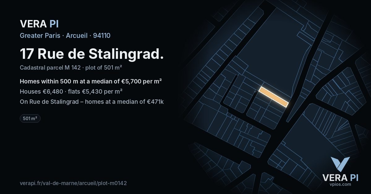 17 Rue de Stalingrad, Arcueil at night – the plot lit, the parcels around coloured by the prices near them