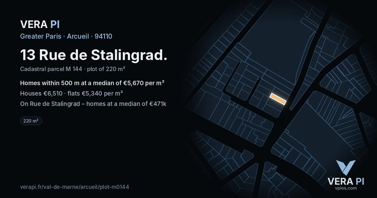 13 Rue de Stalingrad, Arcueil at night – the plot lit, the parcels around coloured by the prices near them
