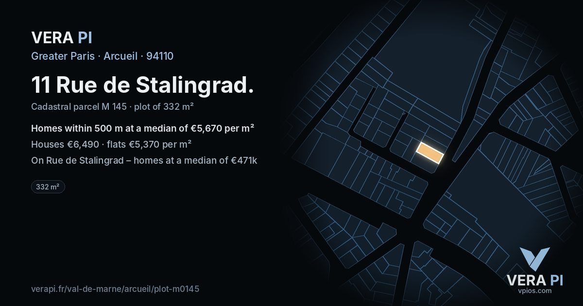11 Rue de Stalingrad, Arcueil at night – the plot lit, the parcels around coloured by the prices near them