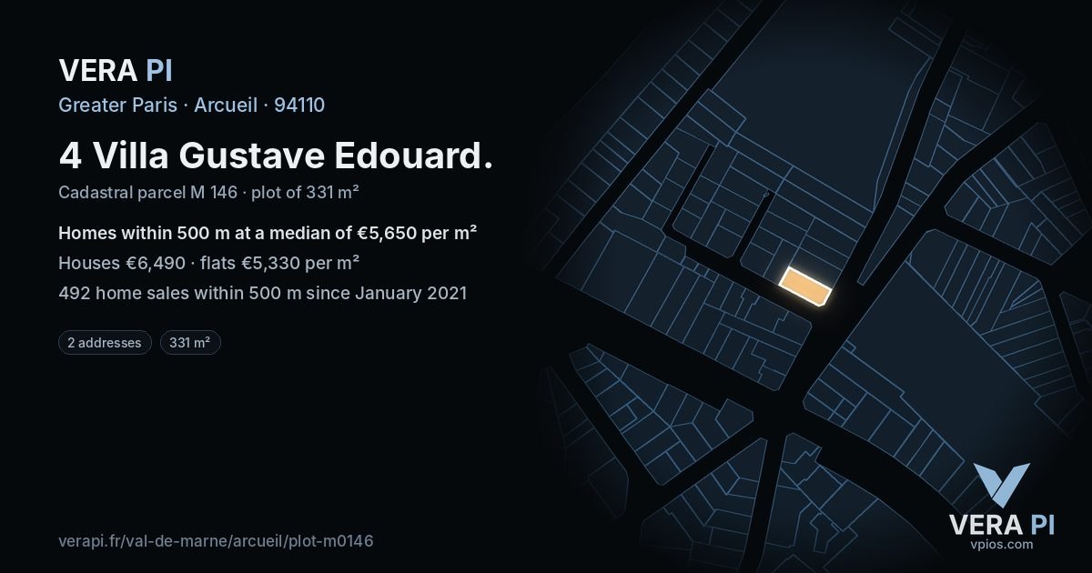 4 Villa Gustave Edouard, Arcueil at night – the plot lit, the parcels around coloured by the prices near them