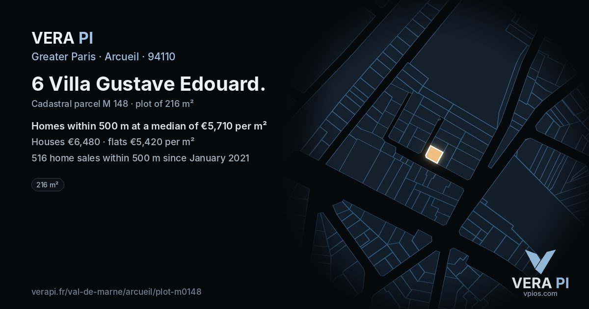 6 Villa Gustave Edouard, Arcueil at night – the plot lit, the parcels around coloured by the prices near them