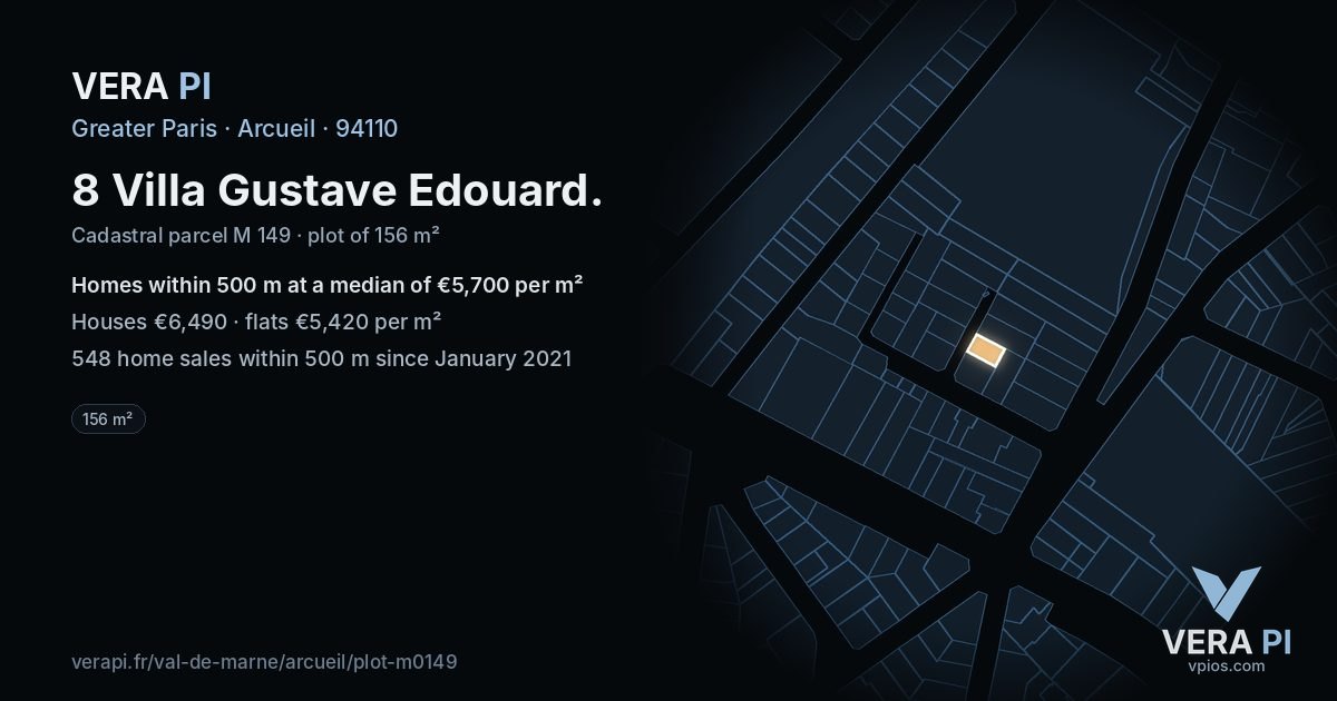 8 Villa Gustave Edouard, Arcueil at night – the plot lit, the parcels around coloured by the prices near them