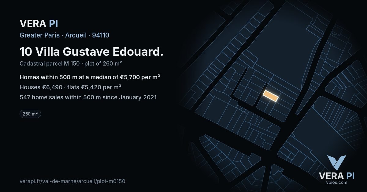 10 Villa Gustave Edouard, Arcueil at night – the plot lit, the parcels around coloured by the prices near them