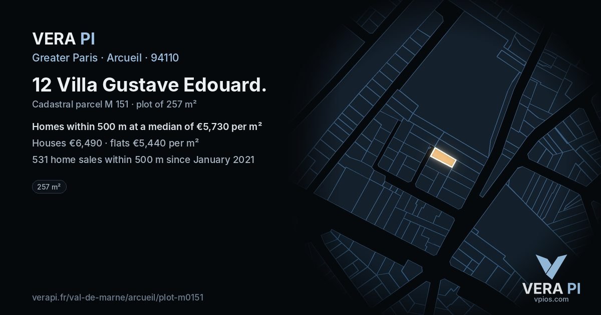 12 Villa Gustave Edouard, Arcueil at night – the plot lit, the parcels around coloured by the prices near them