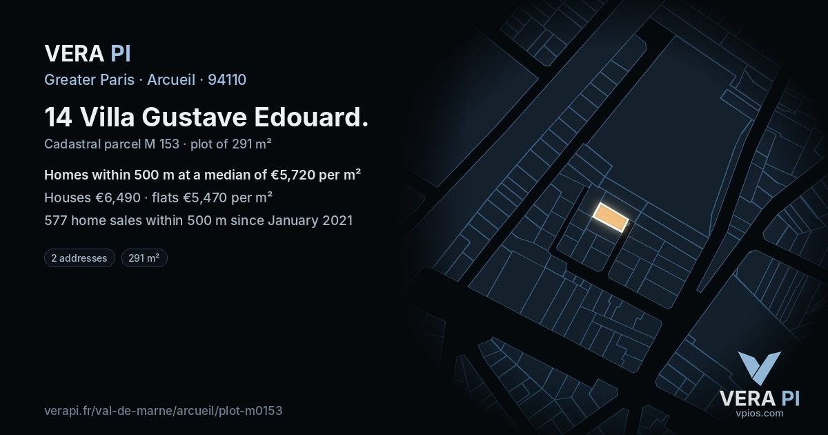 14 Villa Gustave Edouard, Arcueil at night – the plot lit, the parcels around coloured by the prices near them