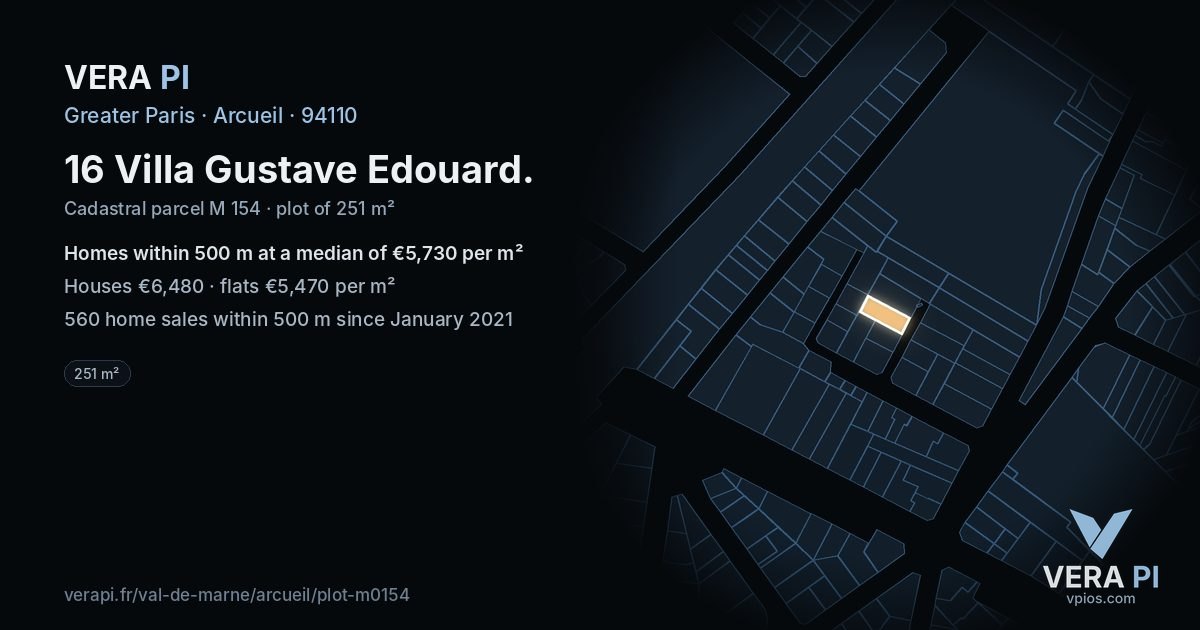 16 Villa Gustave Edouard, Arcueil at night – the plot lit, the parcels around coloured by the prices near them