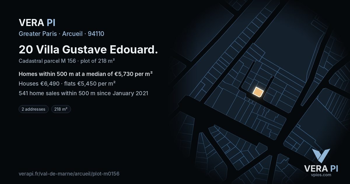 20 Villa Gustave Edouard, Arcueil at night – the plot lit, the parcels around coloured by the prices near them