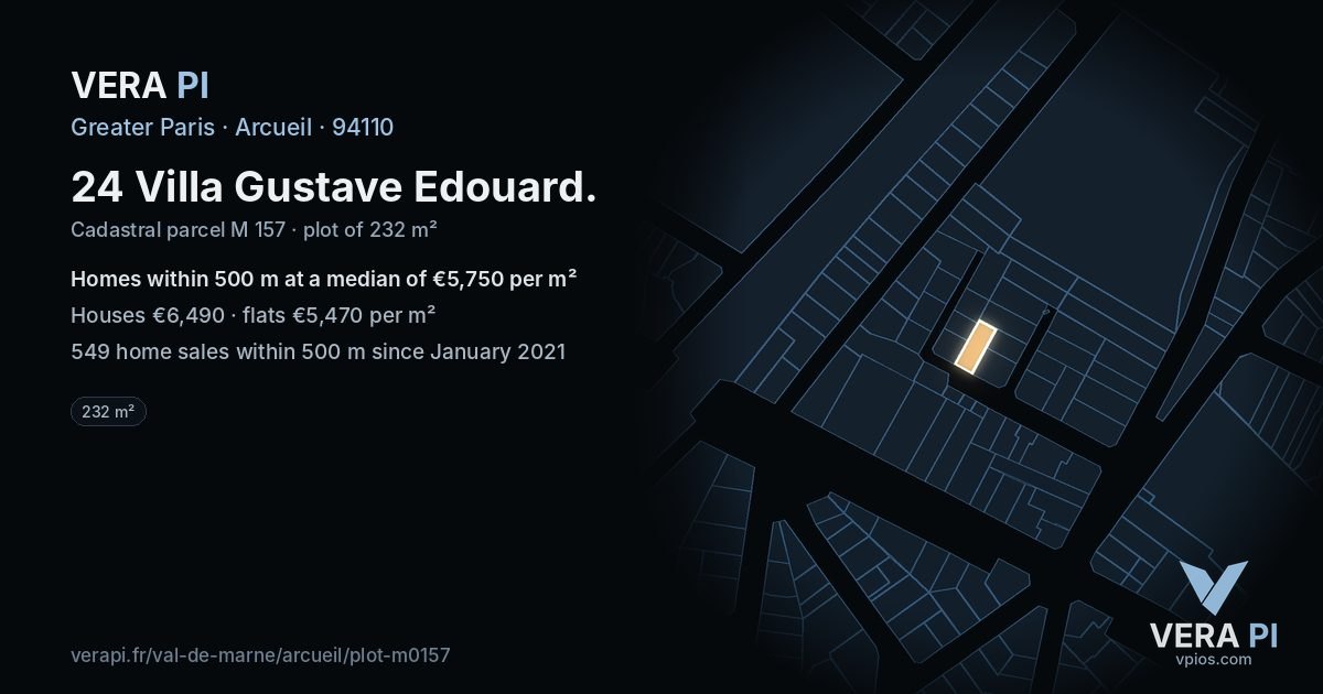 24 Villa Gustave Edouard, Arcueil at night – the plot lit, the parcels around coloured by the prices near them