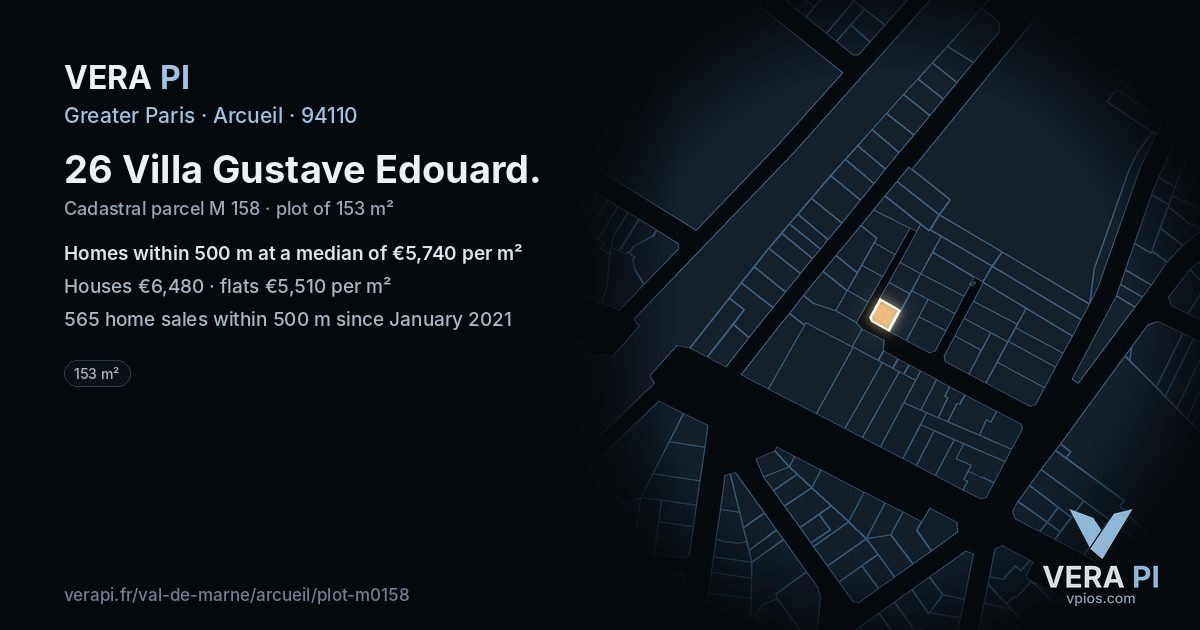 26 Villa Gustave Edouard, Arcueil at night – the plot lit, the parcels around coloured by the prices near them