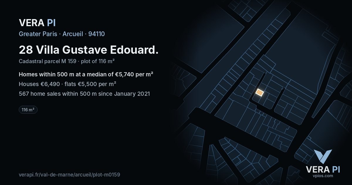 28 Villa Gustave Edouard, Arcueil at night – the plot lit, the parcels around coloured by the prices near them