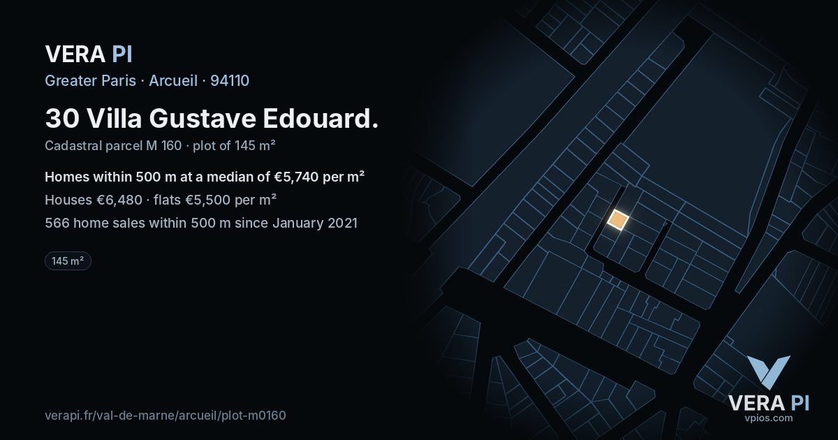 30 Villa Gustave Edouard, Arcueil at night – the plot lit, the parcels around coloured by the prices near them