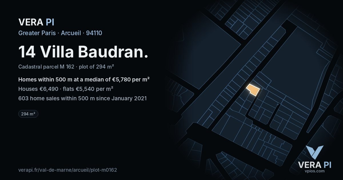 14 Villa Baudran, Arcueil at night – the plot lit, the parcels around coloured by the prices near them