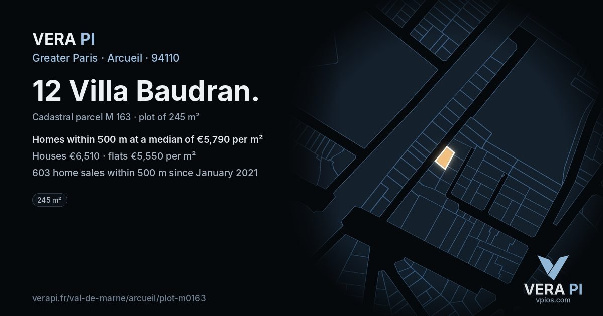 12 Villa Baudran, Arcueil at night – the plot lit, the parcels around coloured by the prices near them