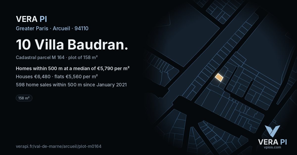 10 Villa Baudran, Arcueil at night – the plot lit, the parcels around coloured by the prices near them