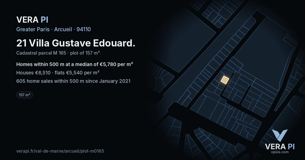 21 Villa Gustave Edouard, Arcueil at night – the plot lit, the parcels around coloured by the prices near them