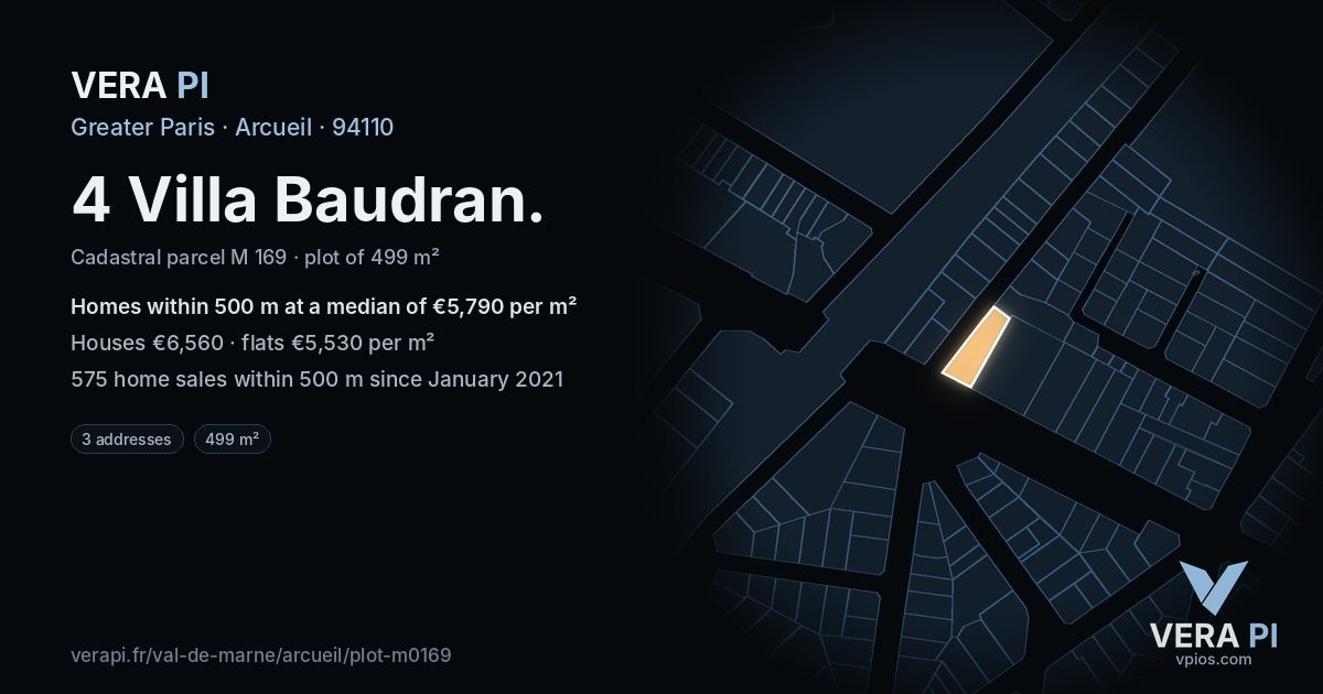 4 Villa Baudran, Arcueil at night – the plot lit, the parcels around coloured by the prices near them