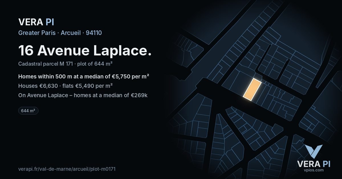 16 Avenue Laplace, Arcueil at night – the plot lit, the parcels around coloured by the prices near them