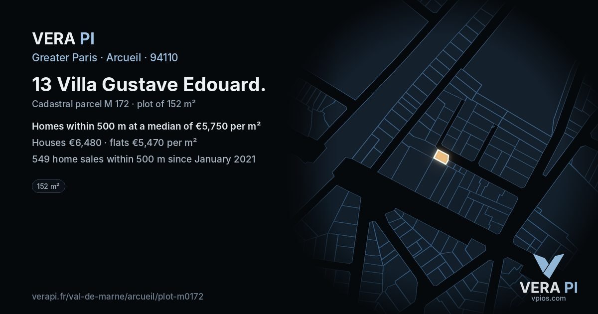 13 Villa Gustave Edouard, Arcueil at night – the plot lit, the parcels around coloured by the prices near them