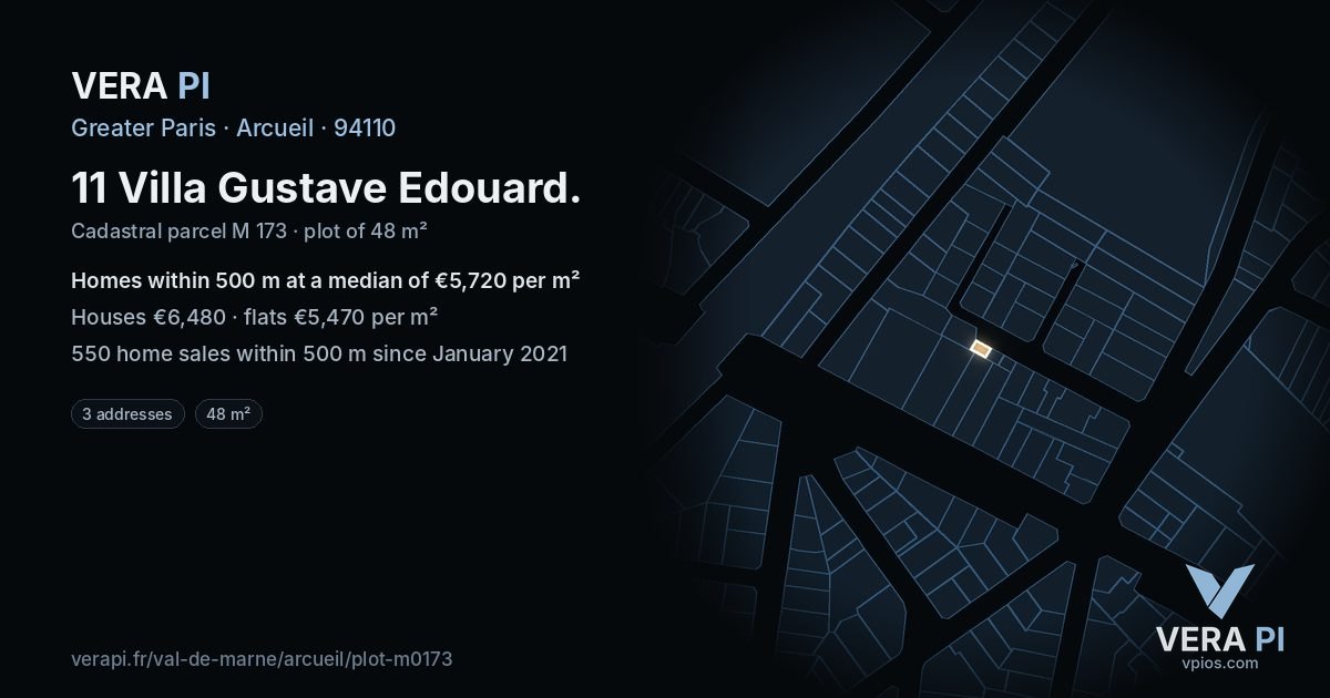 11 Villa Gustave Edouard, Arcueil at night – the plot lit, the parcels around coloured by the prices near them