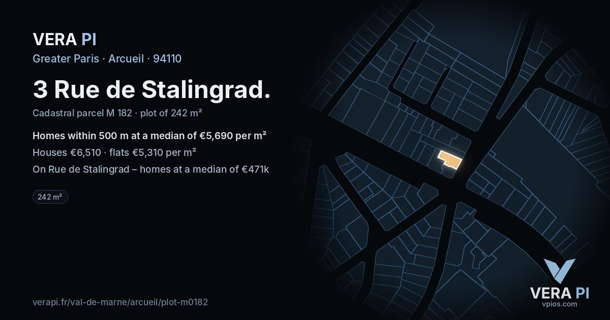 3 Rue de Stalingrad, Arcueil at night – the plot lit, the parcels around coloured by the prices near them