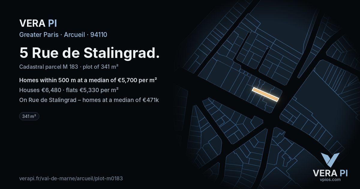 5 Rue de Stalingrad, Arcueil at night – the plot lit, the parcels around coloured by the prices near them