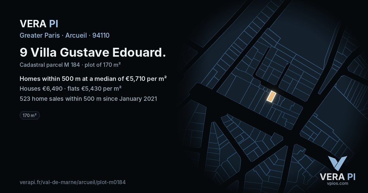 9 Villa Gustave Edouard, Arcueil at night – the plot lit, the parcels around coloured by the prices near them