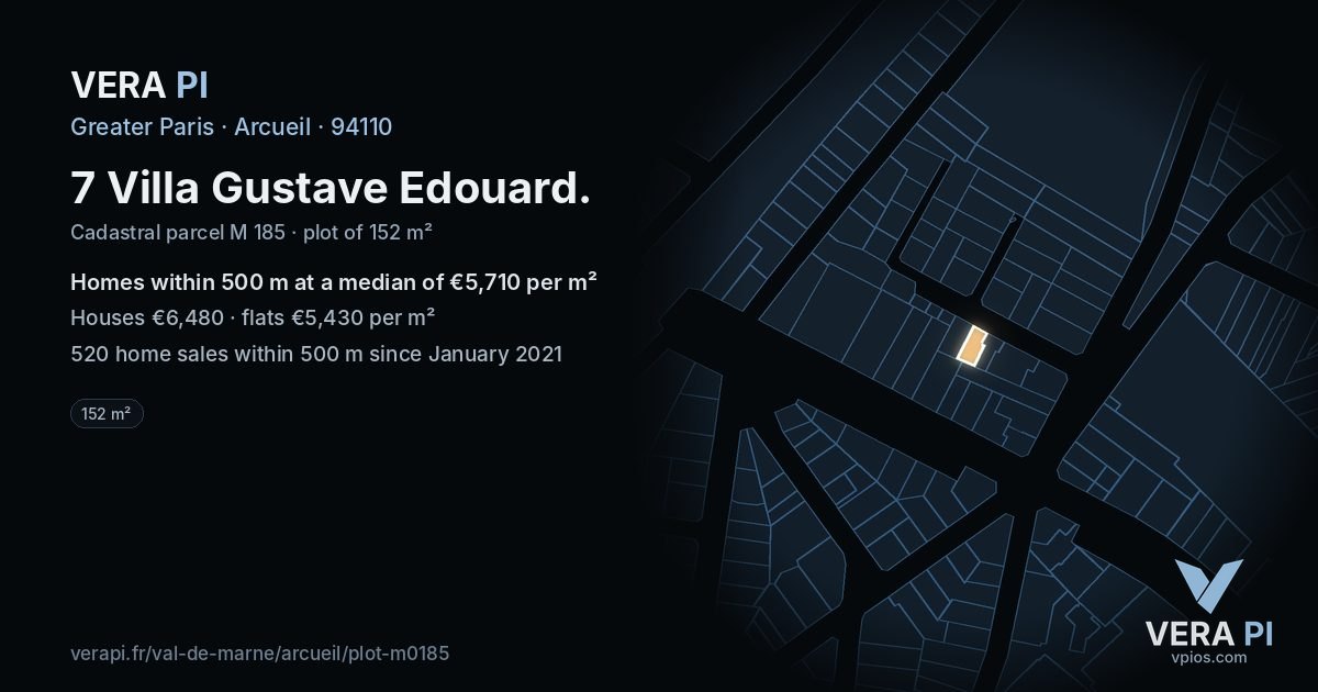 7 Villa Gustave Edouard, Arcueil at night – the plot lit, the parcels around coloured by the prices near them
