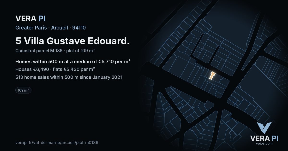 5 Villa Gustave Edouard, Arcueil at night – the plot lit, the parcels around coloured by the prices near them
