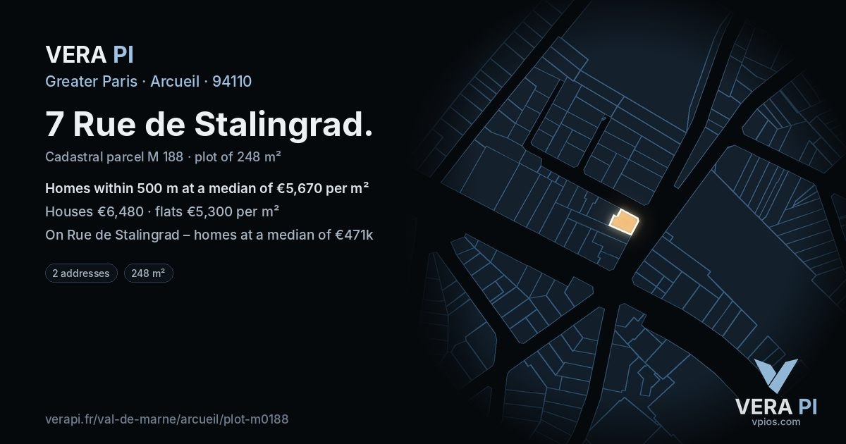7 Rue de Stalingrad, Arcueil at night – the plot lit, the parcels around coloured by the prices near them