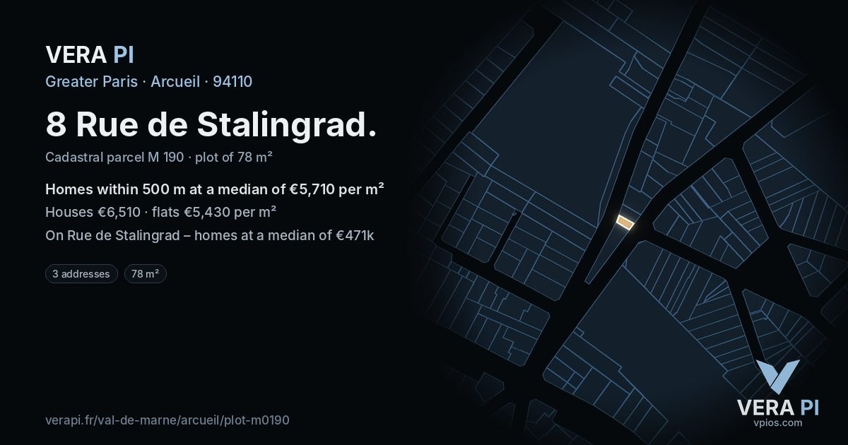8 Rue de Stalingrad, Arcueil at night – the plot lit, the parcels around coloured by the prices near them
