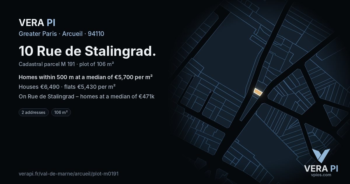 10 Rue de Stalingrad, Arcueil at night – the plot lit, the parcels around coloured by the prices near them