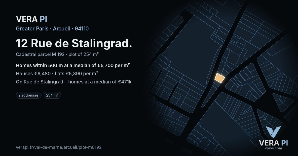 12 Rue de Stalingrad, Arcueil at night – the plot lit, the parcels around coloured by the prices near them