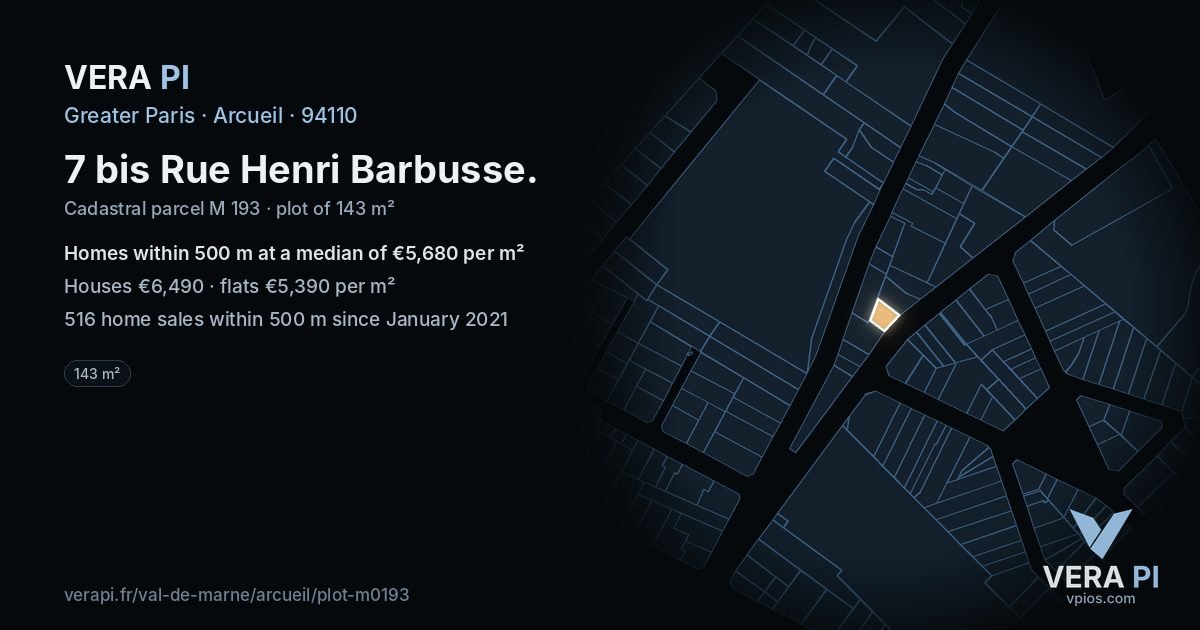 7 bis Rue Henri Barbusse, Arcueil at night – the plot lit, the parcels around coloured by the prices near them