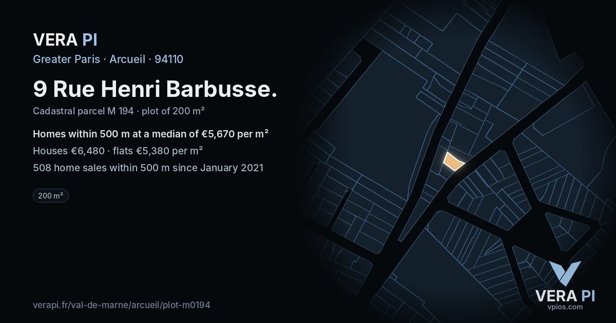 9 Rue Henri Barbusse, Arcueil at night – the plot lit, the parcels around coloured by the prices near them