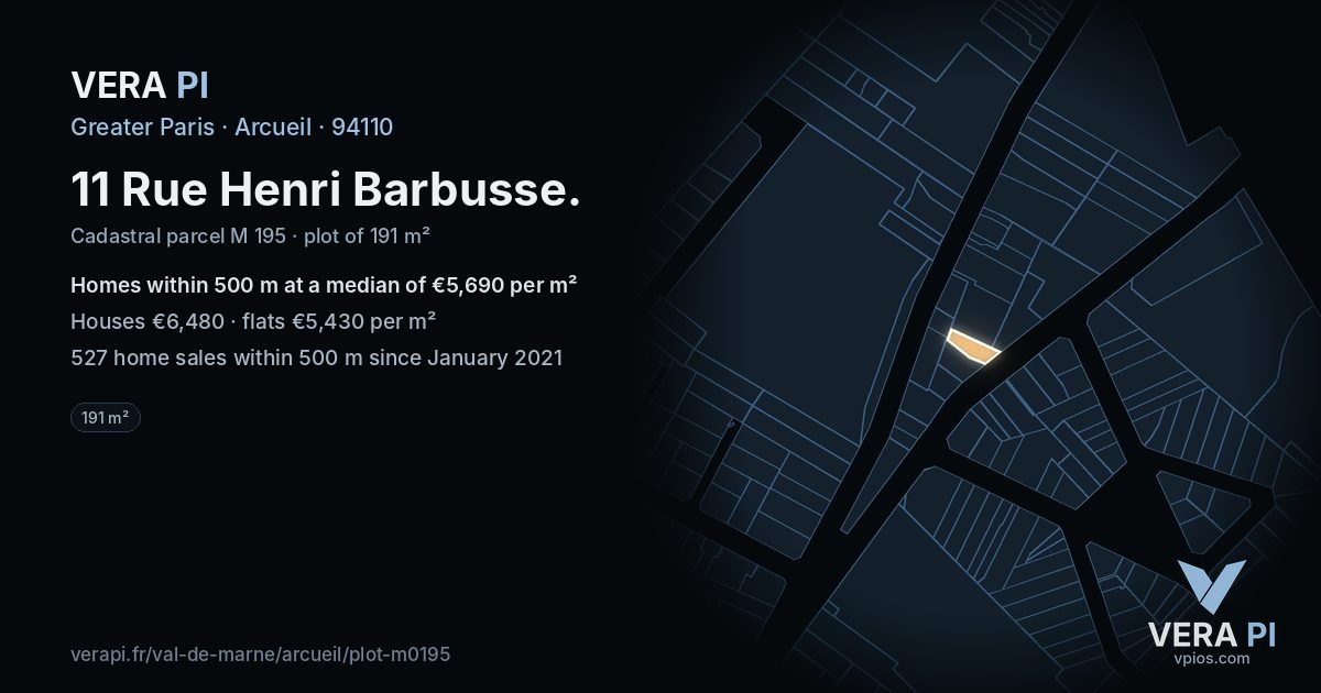 11 Rue Henri Barbusse, Arcueil at night – the plot lit, the parcels around coloured by the prices near them