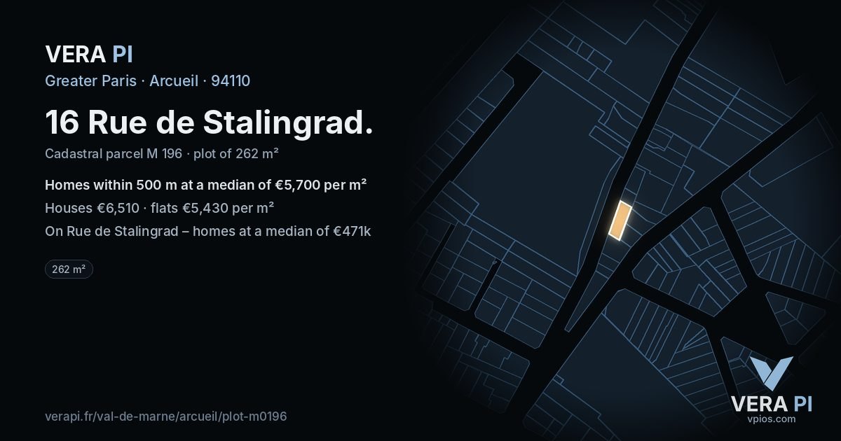 16 Rue de Stalingrad, Arcueil at night – the plot lit, the parcels around coloured by the prices near them