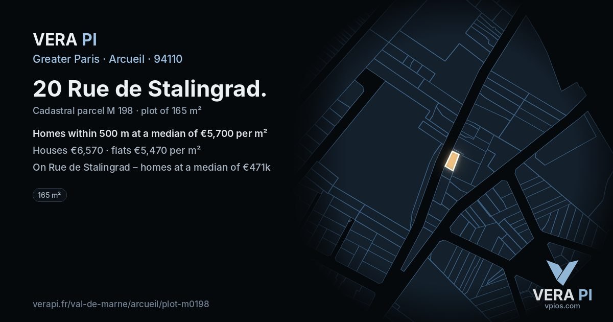 20 Rue de Stalingrad, Arcueil at night – the plot lit, the parcels around coloured by the prices near them