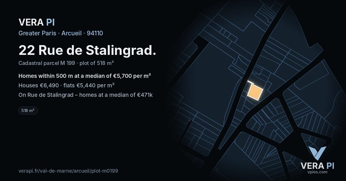 22 Rue de Stalingrad, Arcueil at night – the plot lit, the parcels around coloured by the prices near them