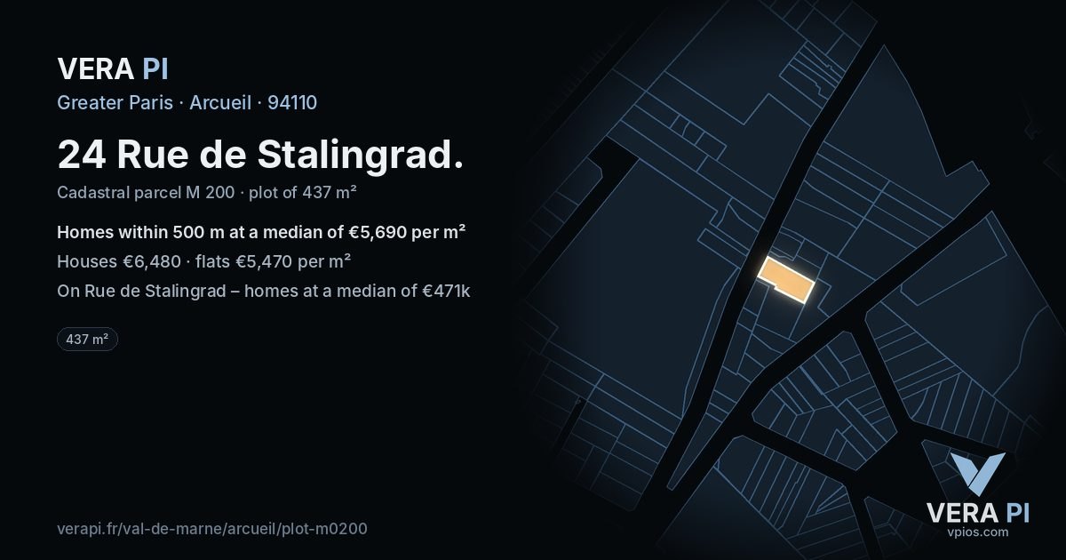 24 Rue de Stalingrad, Arcueil at night – the plot lit, the parcels around coloured by the prices near them